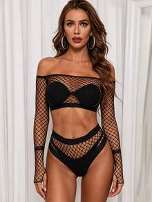 2pcs, Women's Black Off-Shoulder Fishnet Cover-Up Set, Medium Stretch Semi-Transparent Swimsuit Cover-Up Vacation Summer Beach - Black - View 3