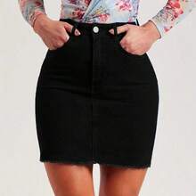 Falda vaquera negra casual de cintura alta con flecos - Azul lavado oscuro - Ver 5