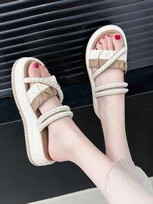 Nuevas sandalias reversibles para mujer, pantuflas con suela blanda y cómoda, zapatos con decoración de perlas y contraste de color - Caqui blanco - Ver 5