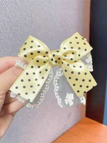 2pcs Polka Dot Lace Pearl Bow Clip, Versatile Daily Wear Accessory, Spring/Summer - Yellow - View 5