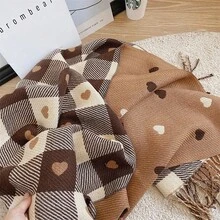 Cachecol Feminino Xadrez Corações Inverno Elegante Quente Macio Franjas Lenço Fashion Luxo - Castanho - Visão 6
