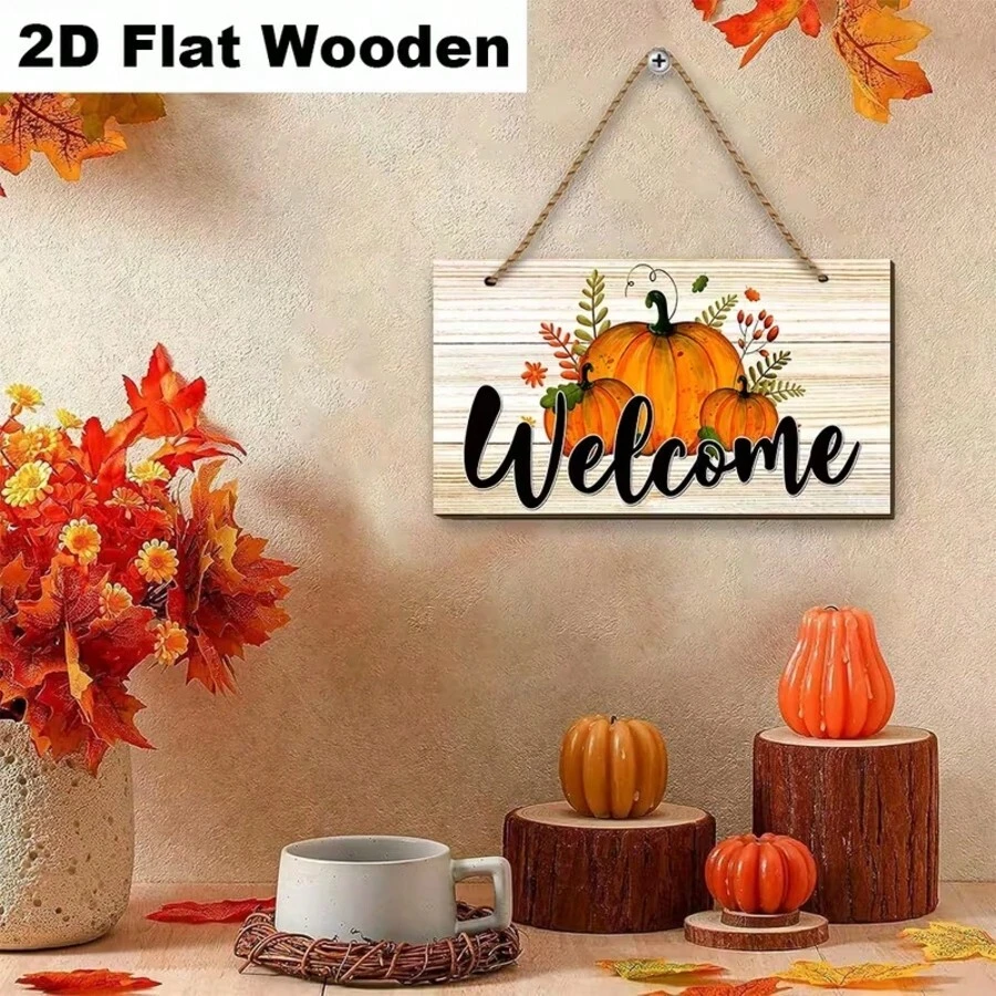 2D Printed Wooden Hanging Plaque, 1pc, Autumn Pumpkin Theme Entryway Decor, Suitable For Outdoor Home Decor, Welcome Sign Wall Hanging, 2D Flat Design - Multicolor - View 1