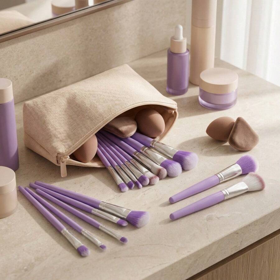 13/15-Piece Brown Soft Makeup Brush Set, Fashionable Makeup Brush Set, Eyeshadow Brush, Blush Brush, Complete Beauty Tool Set - Purple Set - View 1