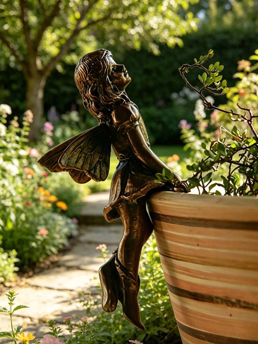 1件仙女天使復古青銅樹脂仙女雕像 - 夢幻花園與家居裝飾飾品,花園圍欄盆栽多肉植物桌面書架,適合露台、書架、辦公桌和仙女花園,幻想愛好者的理想喬遷禮物 - A - 查看 1