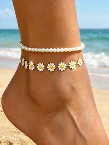 2pcs Fashion Versatile ABS Faux Pearl Dangle Daisy Anklets, Suitable For Daily, Beach, And Vacation Wear - Gold - View 4