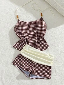 女款比基尼泳衣套裝/休閒外套/Y2K風格/基本款/返校季/女款細肩帶背心/度假海灘穿搭 - 米咖色 - 查看 7