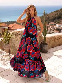 Charming Chiffon Halter Backless Floral Print Ruffle Hem Dress, Suitable For Vacation, Travel, Beach Party Wedding - Black and Red - View 3