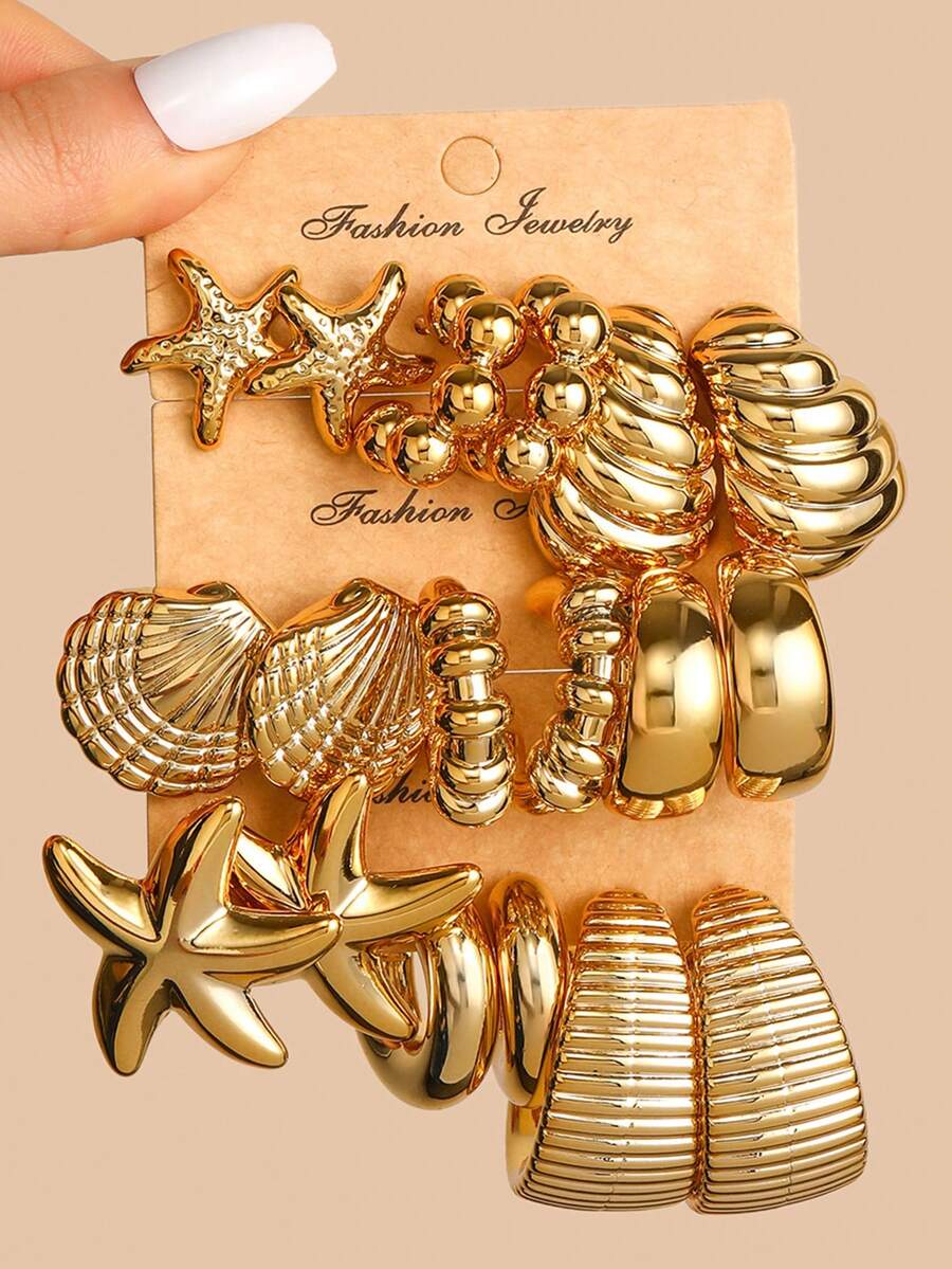 NAIZHU 3/9 Pairs Kids Fashion Gold Earring Set, Suitable For Daily, Party, Holiday Accessories - Gold - View 1