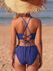 2026 Summer New Fashion Polka Dot Print Criss-Cross Back Tie + Side Criss-Cross Tie Women Bikini Set Vacation Beach - Multicolor - View 6