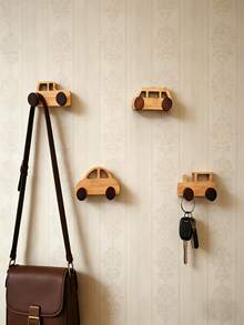 1pc Wooden Car Model Wall Hanging Hook Rack, Entryway Closet Fixed Hole Hook, Suitable For Bedroom And Living Room - Multicolor - View 5