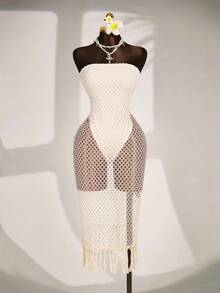 Vestido casual de vacaciones y citas de unicolor sin tirantes y con diseño calado para mujer - Albaricoque - Ver 6