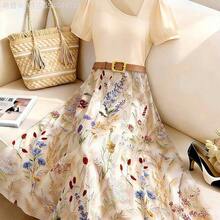 MewMuse.  Vestido de manga corta de longitud media de color albaricoque sólido con estampado floral de retazos, elegante y encantador para uso diario, festivales de música, playa, oficina, citas, estilo francés y retro, versátil para primavera y verano - Multicolor - Ver 5
