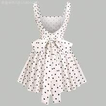 MewMuse. Vestido mini para mujer de alta gama, de estilo retroamericano, con estampado floral, espalda descubierta, corte slim, plisado, cuello asimétrico sin mangas y lunares - Azul y blanco - Ver 2