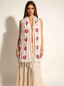 1pc Floral Embroidered & Tie-Dye Scarf, Oversized Shawl, Fashionable & Versatile Solid Color Scarf, Bohemian Style - White - View 6