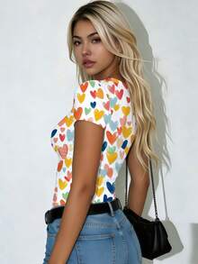 Women's Summer Vacation Style Round Neck Short Sleeve Printed T-Shirt, Casual Minimalist Cute Top - Multicolor - View 2