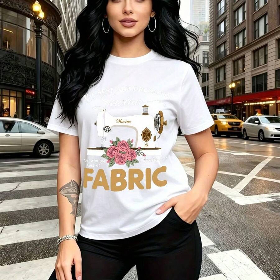 Camiseta de mujer con estampado "THE BEST ANTIDRESSANT IS A Sewing Machine AND A ROLL OF FABRIC" y máquina de coser vintage con rosas rosas - camiseta casual de manga corta con ajuste cómodo y estilo urbano, ideal para costureras y amantes de la moda - Blanco - Ver 1