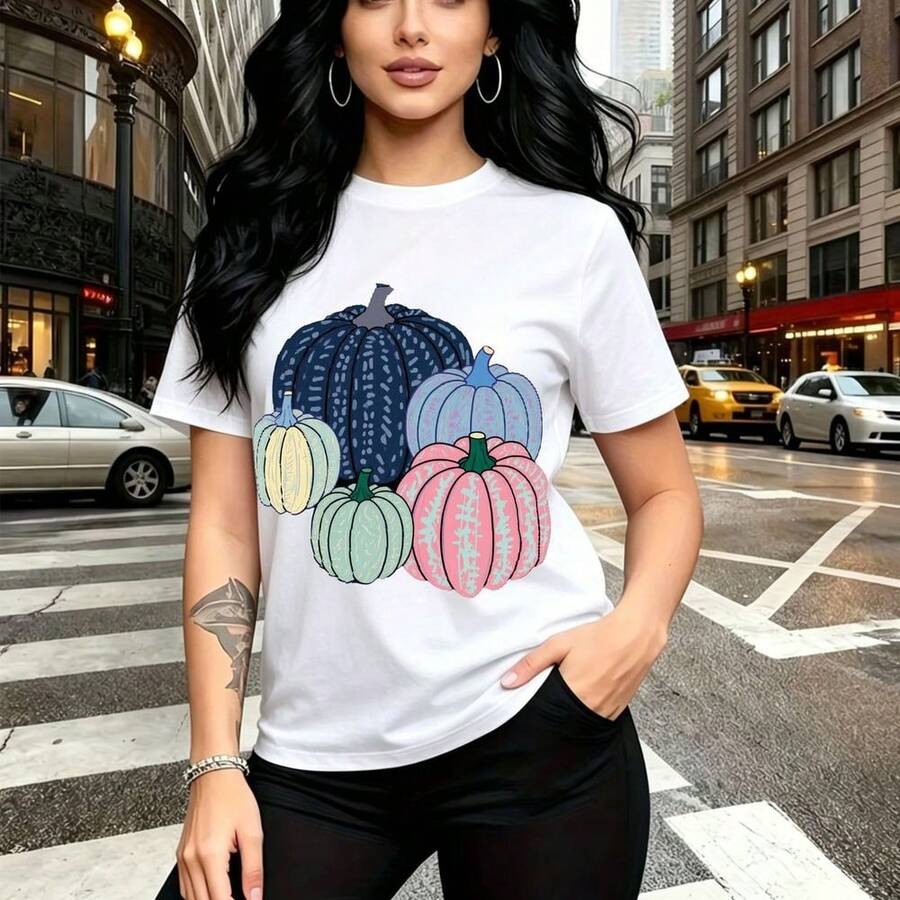 Camiseta de mujer con estampado de calabazas coloridas estilo artístico - camiseta casual de manga corta, ajuste cómodo y moderno, estilo urbano vibrante para el día a día en la ciudad - ideal para fiestas temáticas de Día de Muertos, salidas casuale - Blanco - Ver 1