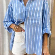 WNS  Camisa casual de mujer de un solo pecho con hombros caídos y mangas enrolladas a rayas - Amarillo - Ver 5