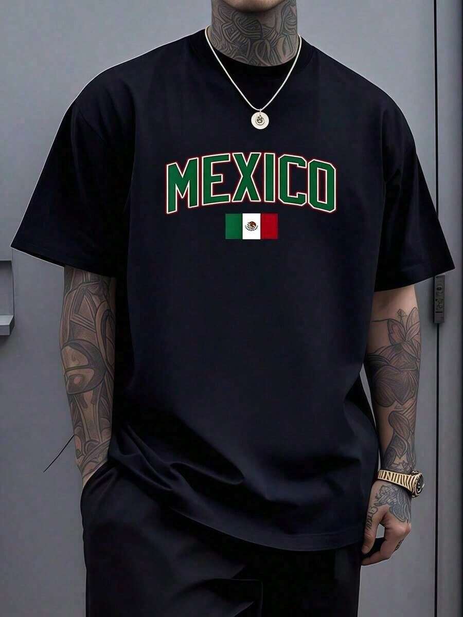 Mexican Flag With The Word "Mexico" In Green, Red, And White Letters, Symbolizing National Pride, Passion For Culture, And Love For The Homeland. Men's T-Shirt, Size S7IL, Soft, Comfortable, And Durable Cotton For Everyday Wear. - 黑色 - 查看 1