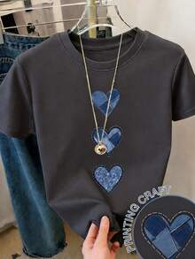 Women's Short-Sleeved T-Shirt With Heart Print, Spring Clothing, Holiday Outfit, White For Summer, Beach Look, Vacation Style, Country Style, Women's Office Outfit. - 深灰色 - 查看 6