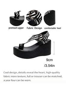 Black & White Pattern Toe Cap + Thick Sole Comfortable Height-Increasing Wedge Sandals With Metal Buckle, Versatile Fashionable Style For Outdoor, Vacation, Daily Wear And Commuting - Black and White - View 10
