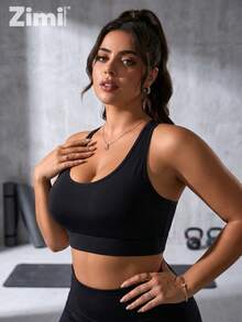 Zimi Collection Sujetador deportivo de alto impacto para mujer de talla grande con copas moldeadas integradas, sin cables, con abertura en forma de ojo de cerradura y espalda cruzada, top corto para entrenamiento, resistencia, correr, boxeo - Negro - Ver 5