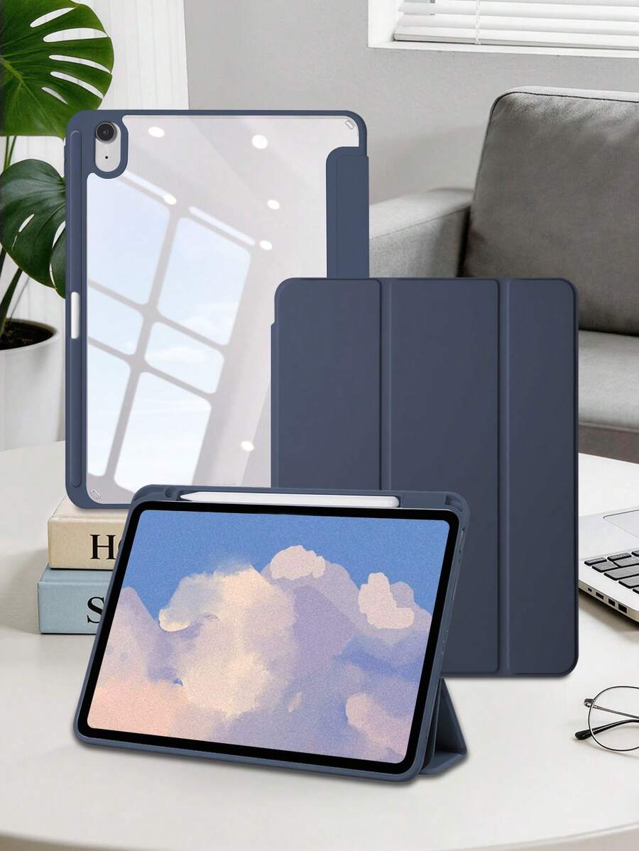 Capa Protetora de Acrílico Azul Profundo Compatível com iPad 10th/11th/10.2/10.5/Air4/Air5/10.9/Pro11/Air 11-In.(M2)-2024/Pro 11-In.(M4)-2024 (A16) 11 Polegadas 11th Geração 2025 Modelos Mini6/Mini7, Slot para Caneta Integrado, Carcaça Traseira de Acrílico de Alta Transparência, Suporte Ajustável de Ângulo de Visualização Tri-Dobrável, Capa de Tablet Dobrável, O Produto Não Inclui Caneta, Alguns Modelos Equipados com Moldura de Câmera - Azul profundo - Visão 1