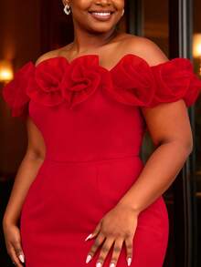 Plus Size Women's Red Off Shoulder Ruffle Fishtail Dress, Mesh Patchwork 3D Floral Elegant Fitted Dress For Evening Party Wedding Club - Red - View 2