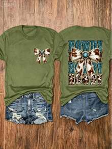 Western Tops Women, Turquoise Bow-Knot Print Round Neck Short Sleeve Top, Gift For Mom, Western Cowgirl Style, Country Outfit, Summer Cowboy Tee, Free Shipping - 綠色1 - 查看 1
