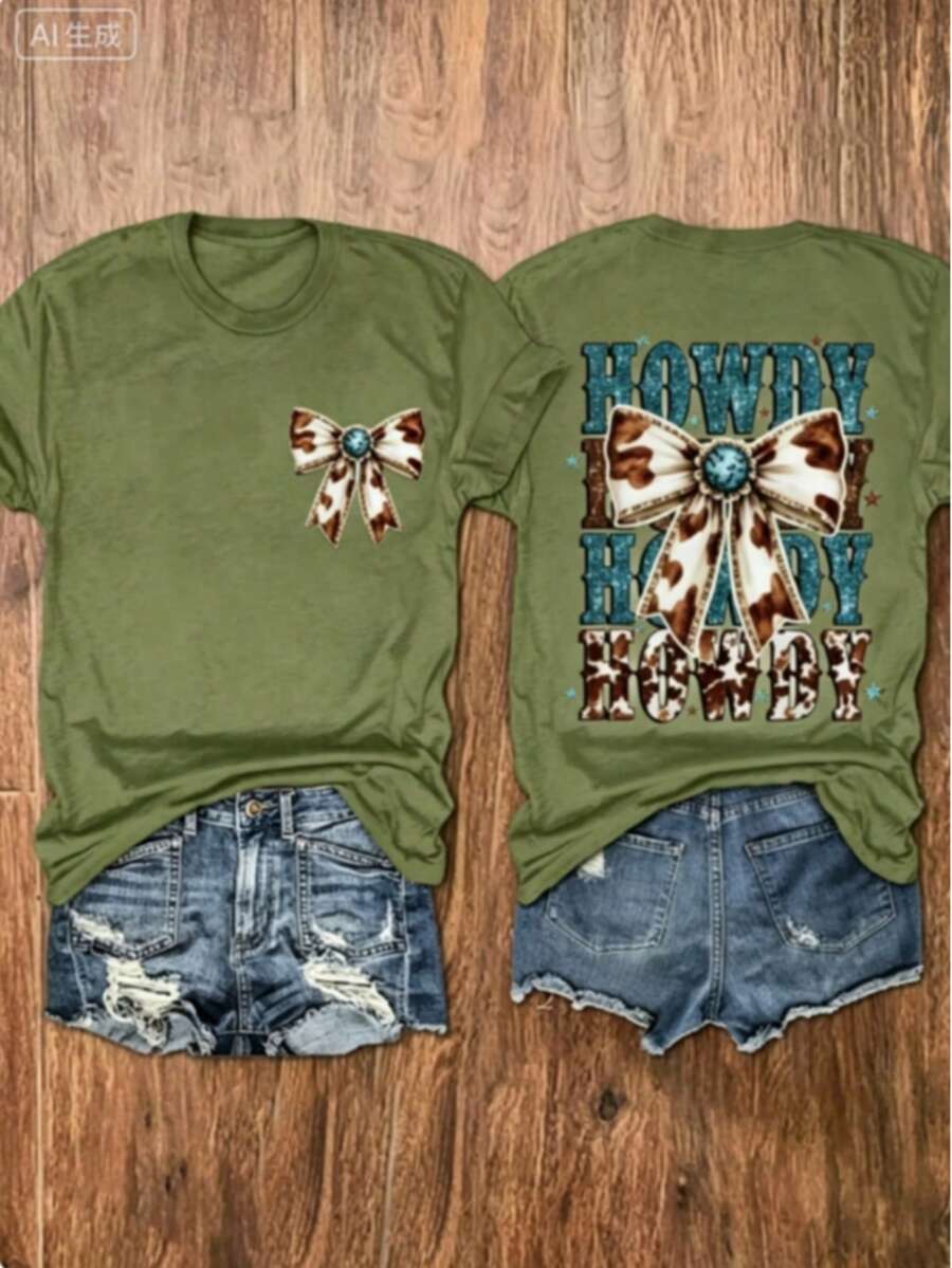 Western Tops Women, Turquoise Bow-Knot Print Round Neck Short Sleeve Top, Gift For Mom, Western Cowgirl Style, Country Outfit, Summer Cowboy Tee, Free Shipping - 綠色1 - 查看 1