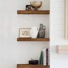 3pcs 15.7 Inch Wooden Bathroom Floating Wall Shelf Display Rack, Autumn Home Decor Farmhouse Style Wall Decoration, Suitable For Bathroom, Living Room, Bedroom, Kitchen, Office And Other Spaces - Multicolor - View 6