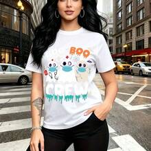 Camiseta de mujer con estampado de fantasmas médicos Halloween "BOO BOO CREW" con mascarillas azules - camiseta casual de manga corta, ajuste cómodo y fresco, estilo urbano divertido para la ciudad - ideal para fiestas de Halloween, salidas casuales - Blanco - Ver 8