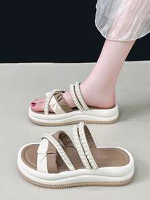 Nuevas sandalias reversibles para mujer, pantuflas con suela blanda y cómoda, zapatos con decoración de perlas y contraste de color - Caqui blanco - Ver 8