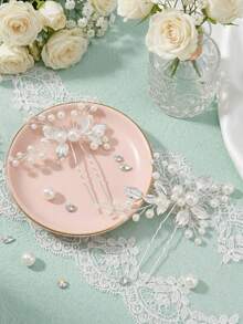 2pcs/Set Handmade Faux Pearl Bridal Hair Clips, Vintage Metal Leaf Hair Pins, Bridesmaid Wedding Party Elegant Hair Accessories - Multicolor - View 7