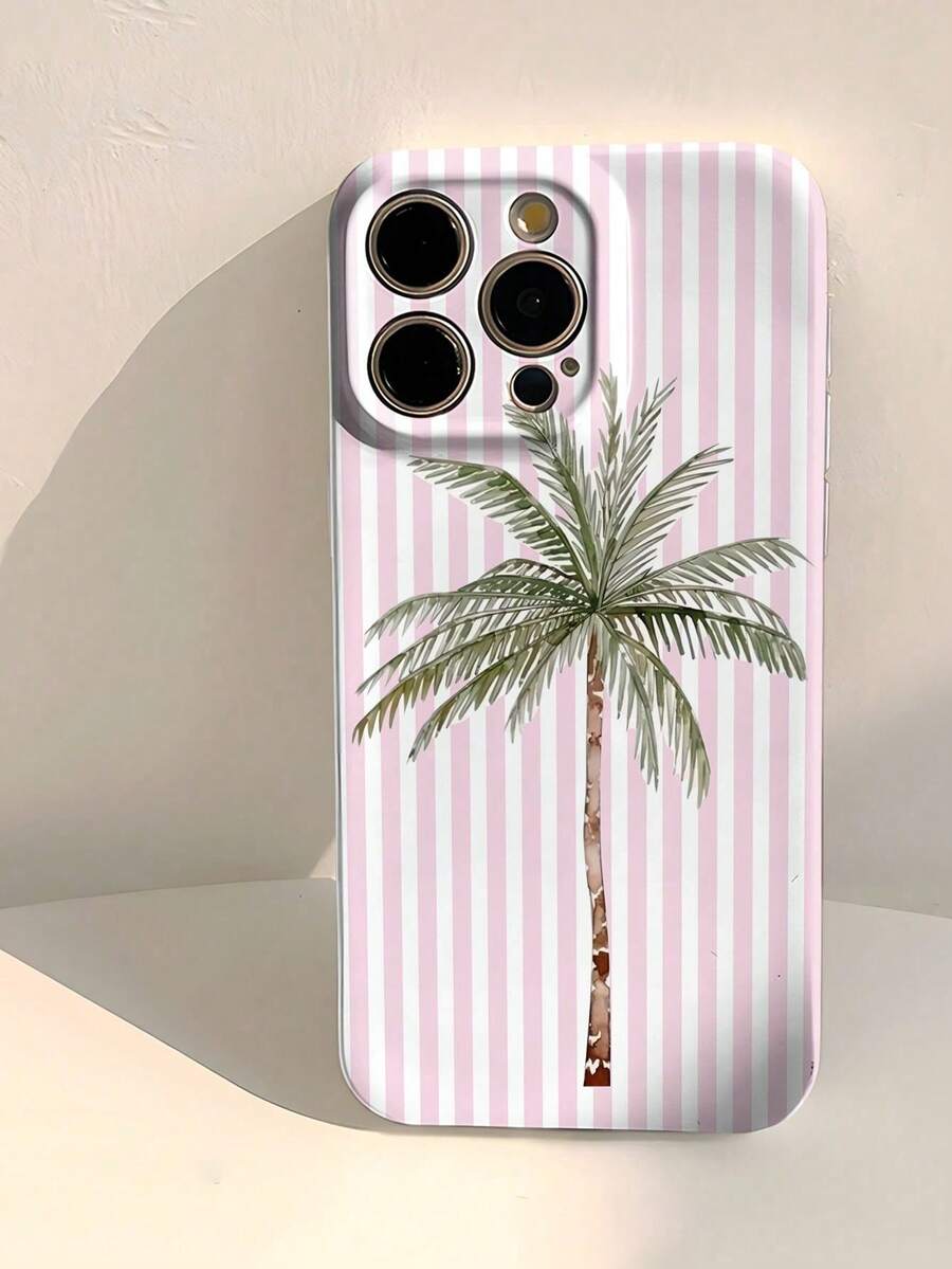 1 piezaModaTeléfonoCasoNo incluye cordón ni soporte. Funda Rígida Protectora para Teléfono, Estilo Vacaciones Blanco-Rosa, Diseño de Palmera en Acuarela y Rayas, Perforada, Brillante, Compatible con 11/12/13/14/15/16 Professional, Impermeable, Resistente a Golpes, Anti-caídas, Anti-arañazos, para Regalo,, Versión Internacional, Sin Versión para el Hogar - Multicolor 2 - Ver 1