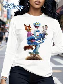 Disney Licensed Zootopia 2 Women Long Sleeve T-Shirt, Breathable Comfy Lightweight Top With Fun Prints For Daily Wear & Family Travel - White - View 1