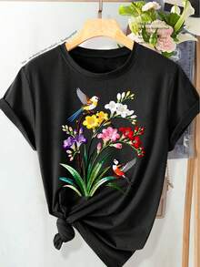 1pc New Summer Clothes, Easy, Cute And Elegant Women's Double Bird Lily Floral Print, Casual Daily Style, Retro Fashion, Spring, Summer, Women's Size, Top - 黑色 - 查看 1