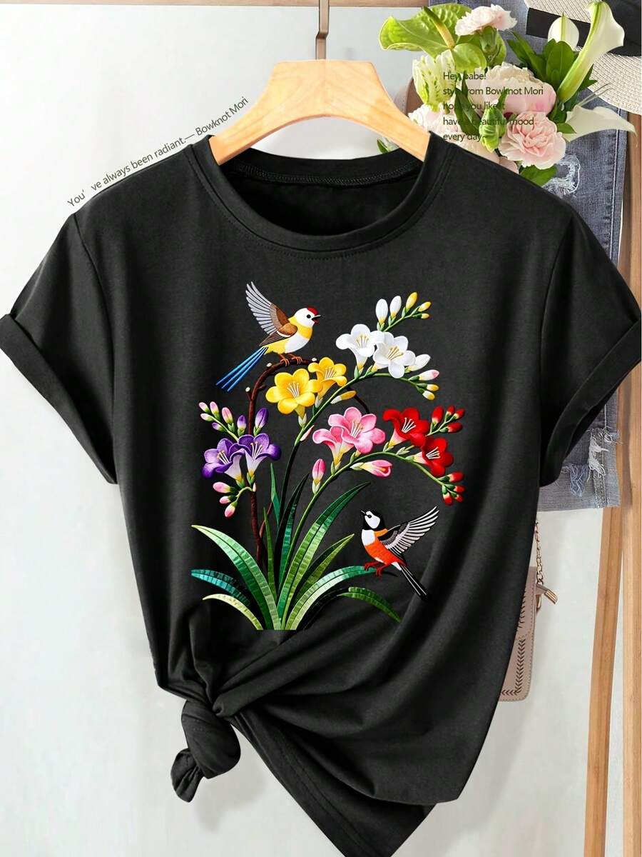 1pc New Summer Clothes, Easy, Cute And Elegant Women's Double Bird Lily Floral Print, Casual Daily Style, Retro Fashion, Spring, Summer, Women's Size, Top - 黑色 - 查看 1