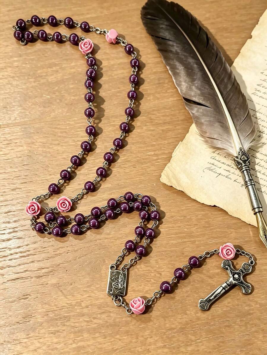 天主教紫色玫瑰串珠項鍊女款飾品、女款配件、串珠項鍊、復古飾品、女款項鍊套組、女款長項鍊 - 彩色 - 查看 1