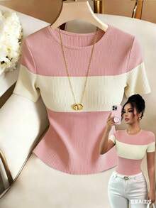Camiseta de manga corta de mujer con cuello redondo, estilo casual y versátil de uso diario, con bloques de color - Rosa - Ver 1