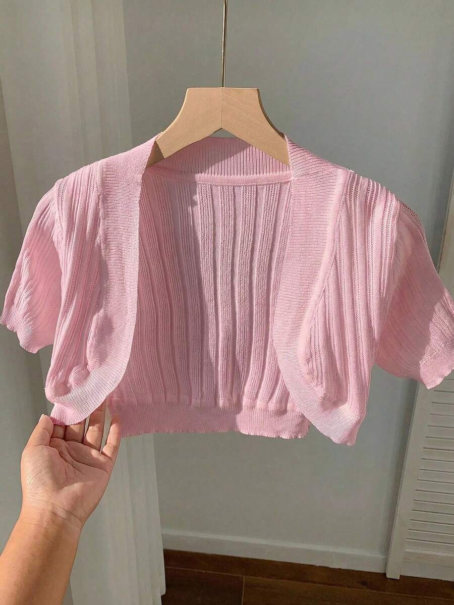 Cárdigan corto de uso diario versátil y casual de unicolor para mujer - Rosa Pálido - Ver 1
