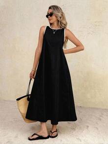 Vestido largo de cuello redondo casual para mujer, adecuado para uso diario y citas - Negro - Ver 1