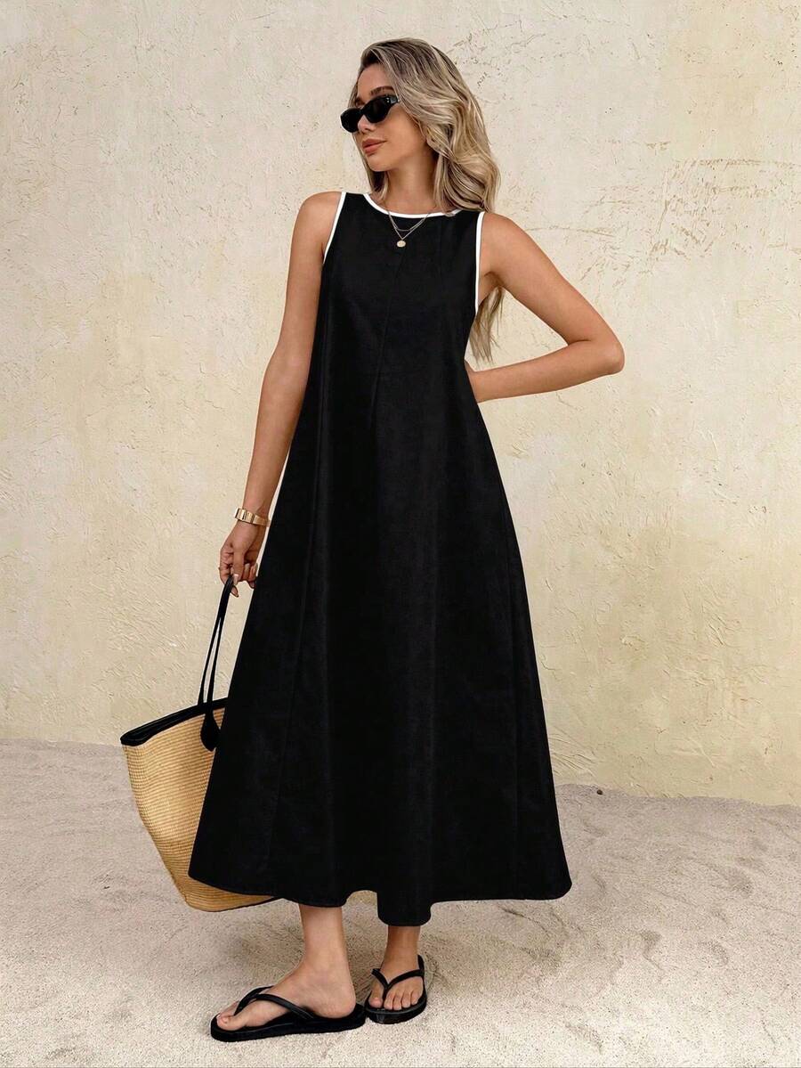 Vestido largo de cuello redondo casual para mujer, adecuado para uso diario y citas - Negro - Ver 1