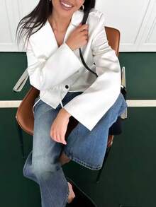 Women's Solid Color Woven Fabric Button White Short Trench Coat Jacket Office Autumn Winter - White - View 2