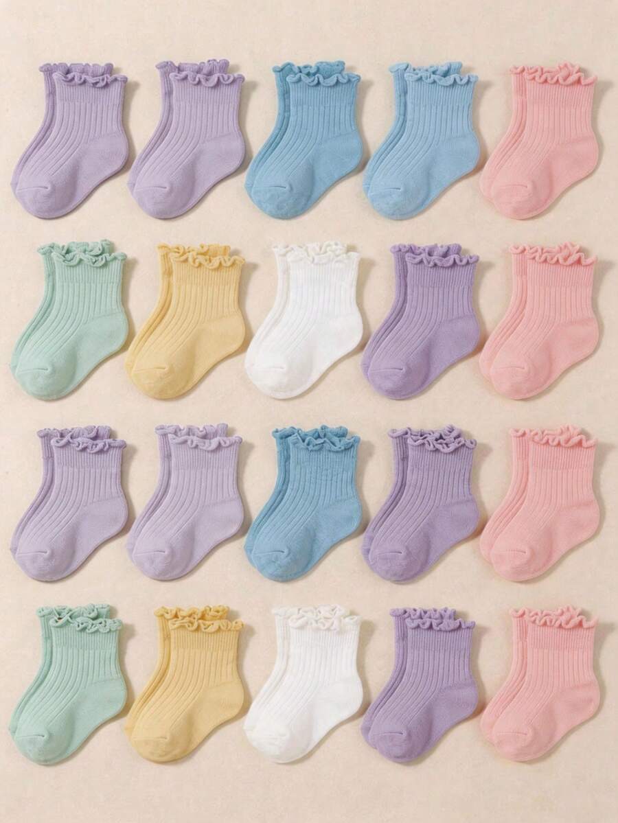 5 Pairs Random Of Baby Socks, Ruffle Ankle Socks, Colorful Solid Color Socks, Comfortable Breathable Soft Socks, Baby Stuff, Socks For Girls - Multicolor - View 1