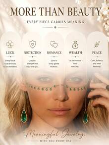 1件波希米亞風綠色寶石面鏈，合金耳掛飾品，適合女性拍照與度假 - 金色 - 查看 2