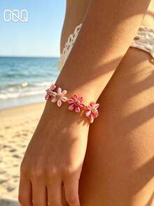 OOQ 1pc Minimalist 6-Petal Flower Rattan Bracelet, Colorful Dopamine Summer Holiday Beach, Valentine's Day, Back To School Gift For Friends And Family (Handmade Rattan Weaving, Random Direction And Shape) - Hot Pink - View 3