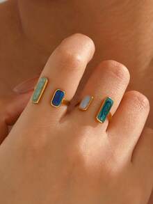 2pcs Stainless Steel Minimalist Summer Style Sapphire Blue Rings Set, Suitable For Women's Daily & Vacation Wear, Gift For Her - Multicolor - View 5