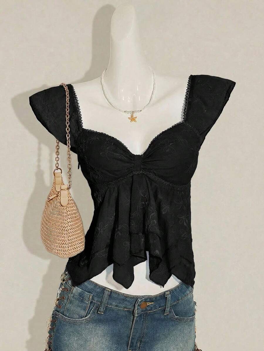 ICON Top tipo camiseta sin mangas para mujer con fruncido delantero, ajuste ceñido, insertos de malla sexy y recorte en la espalda, ideal para uso casual en la playa o de vacaciones - Negro - Ver 1