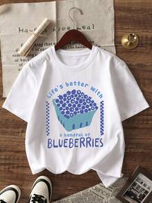 1 Stück Mädchen-Top mit Blaubeer-Muster "Life's Better With Blueberries" Frischer Slogan mit handgezeichnetem Blaubeer-Muster Design, energetischer minimalistischer Stil, vielseitig für Schule, Ausflüge, tägliche Freizeitkleidung - Weiss - Übersicht 2